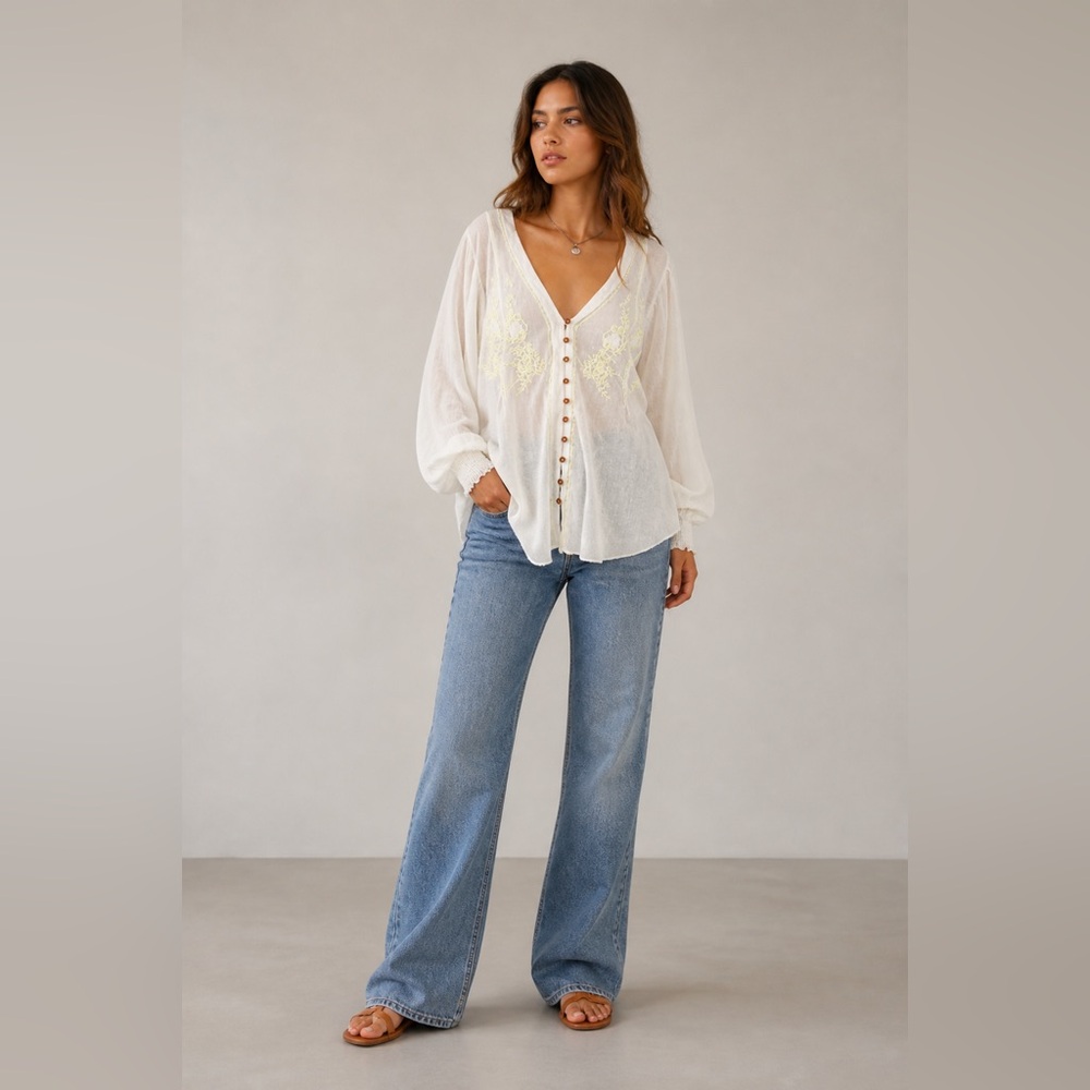 Free people ballon sleeve embroidered top